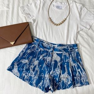 Real Blue Giraffe Print Silk Cotton Shorts